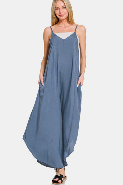 Zenana Spaghetti Strap Wide Leg Overalls with Pockets Dusty Blue