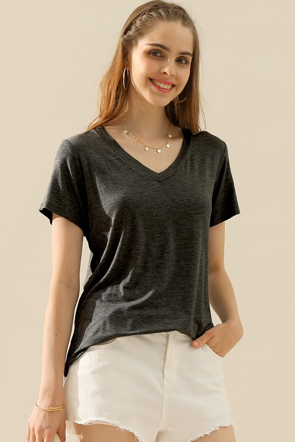 Ninexis Full-Size V-Neck Short-Sleeve T-Shirt Charcoal