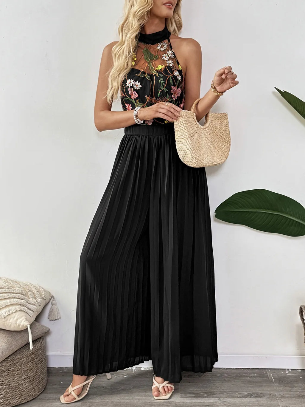 Bloom Grace Halter Pleated Jumpsuit Black