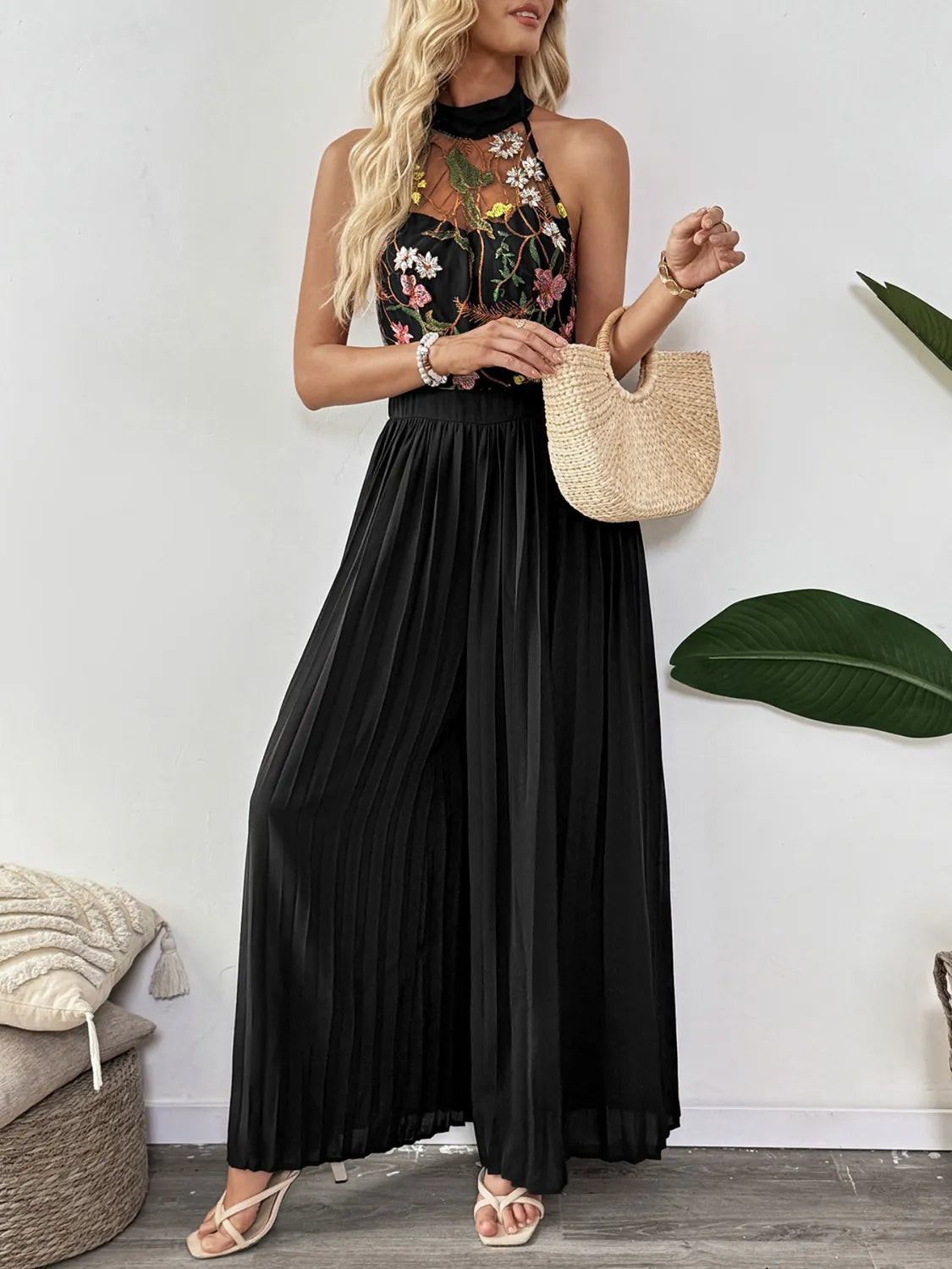 Bloom Grace Halter Pleated Jumpsuit Black