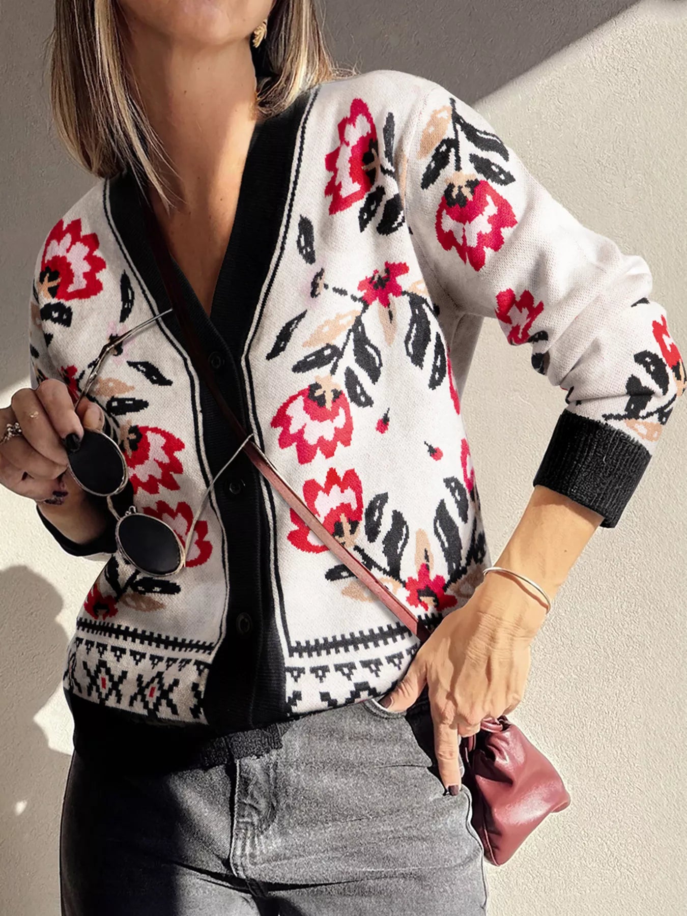 Floral Geometric Border Button-Down Cardigan White