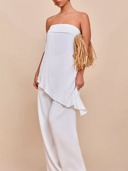 Full-Size Asymmetrical Hem Tube Top & Pants Co-Ord Set White