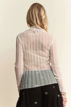 Davi & Dani Turtle Neck Lace Dotted Stretch Mesh Sheer Top