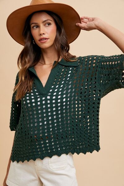 Annie Wear Openwork Johnny Collar Knit Cover Up Dark Green