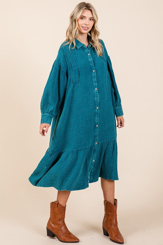 Mittoshop Mineral Wash Cotton Gauze Ruffle Midi Shirt Dress