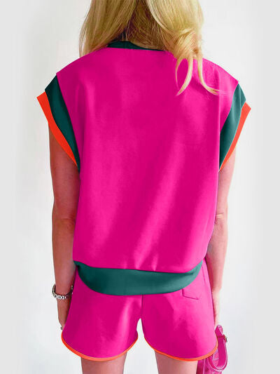 Contrast Round Neck Top and Shorts Set - Stylish & Comfortable