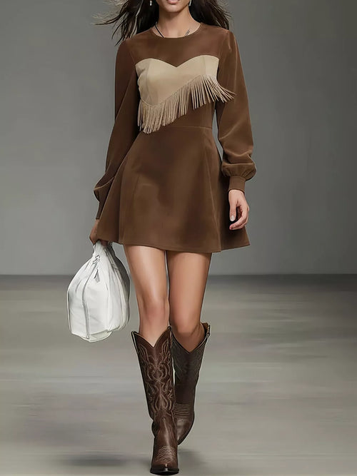 Fringe Trim Lantern Sleeve Mini Dress Dark Brown