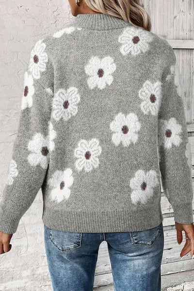 Floral Half-Zip Long Sleeve Knit Sweater