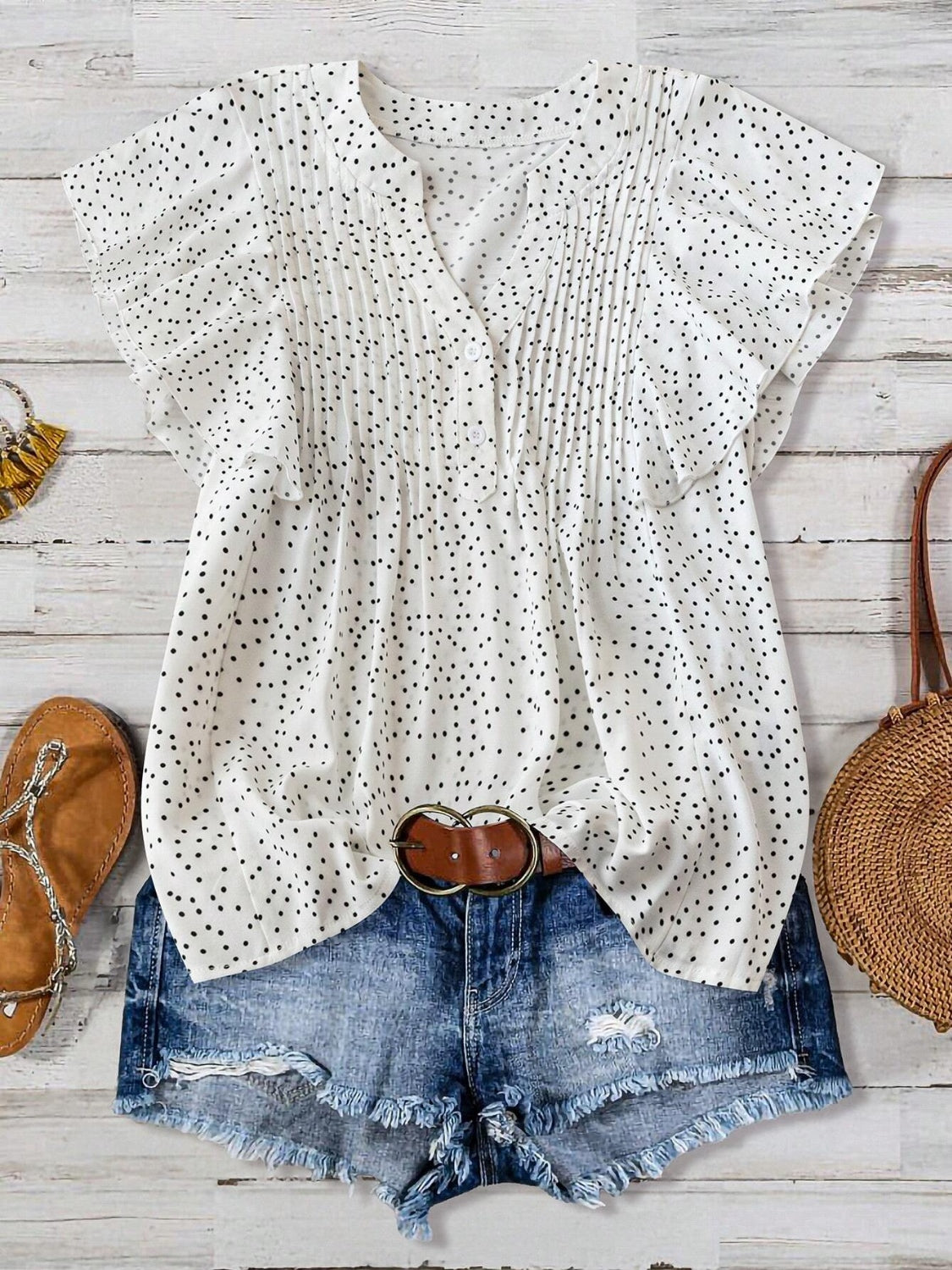 Polka Dot Ruffled Cap Sleeve Blouse - Chic & Feminine White