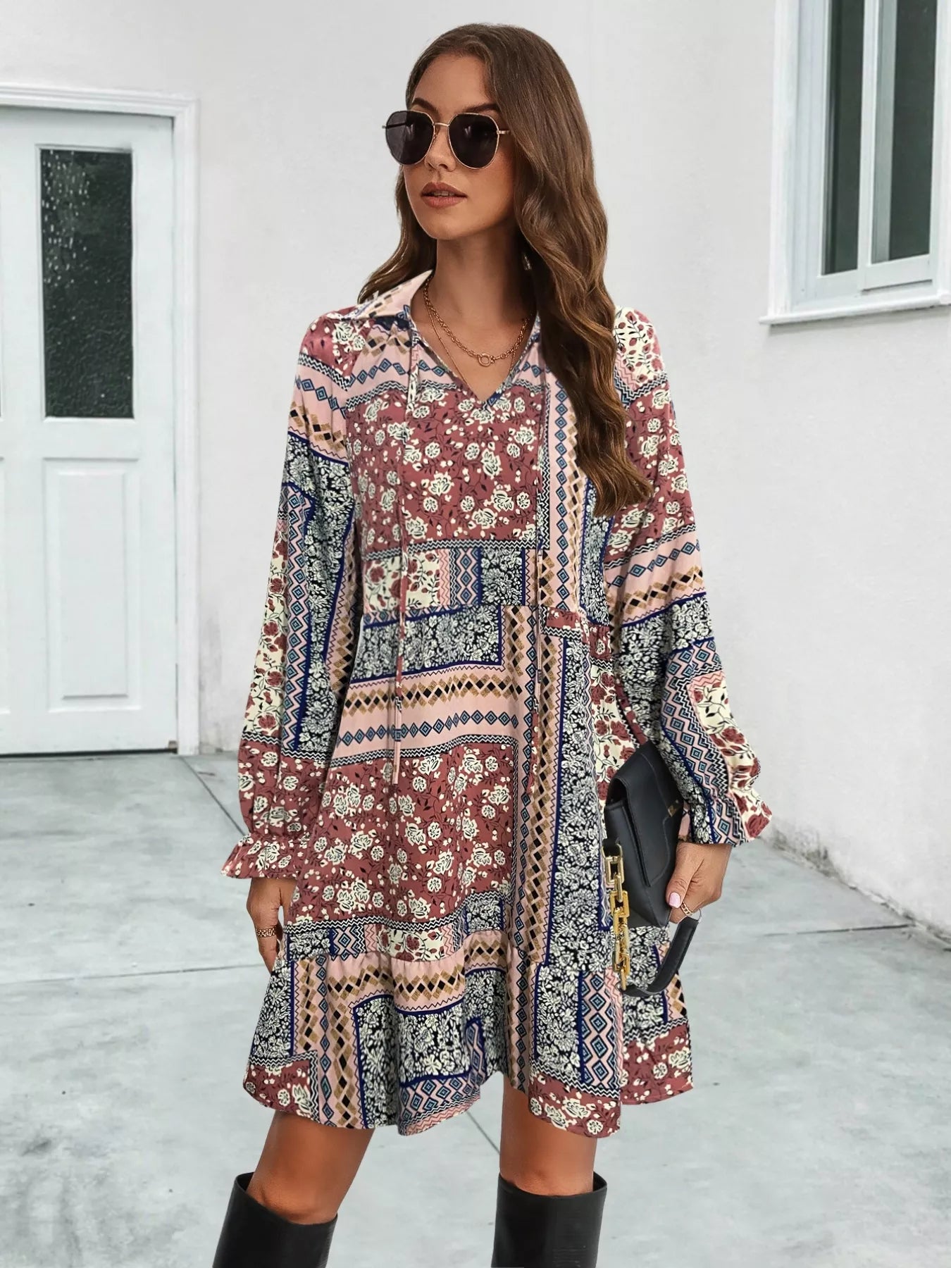 Boho Floral Ruffled Long Sleeve Mini Dress