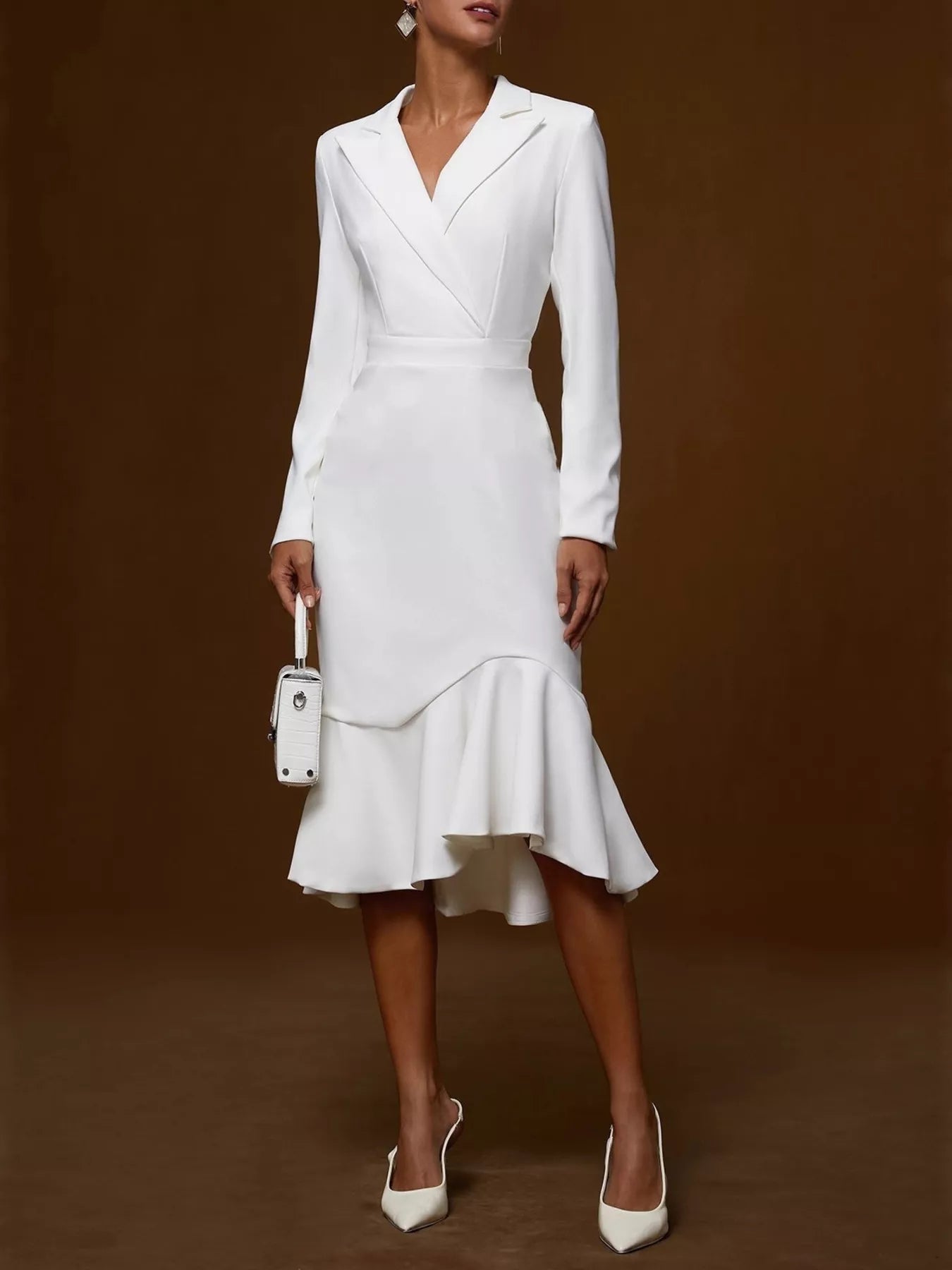 Elegant Ruffled Hem Long Sleeve Cotton Blazer Midi Dress White