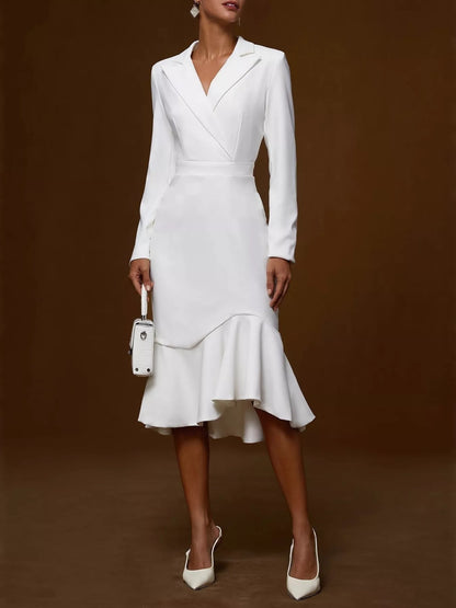 Elegant Ruffled Hem Long Sleeve Cotton Blazer Midi Dress White