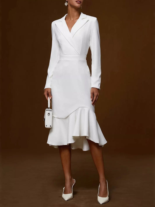Elegant Ruffled Hem Long Sleeve Cotton Blazer Midi Dress White
