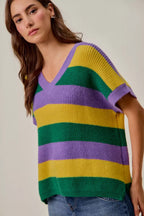 SO ME Mardi Gras Loose-Fit V-Neck Striped Sweater Top