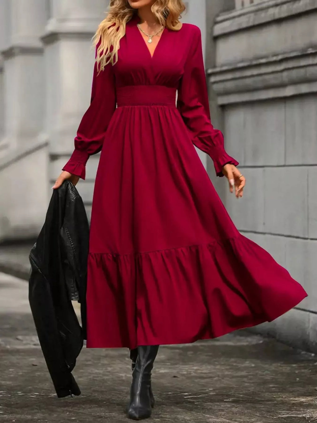 Elegant Ruched Surplice Long Sleeve Tiered Midi Dress Burgundy
