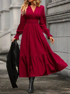 Elegant Ruched Surplice Long Sleeve Tiered Midi Dress Burgundy