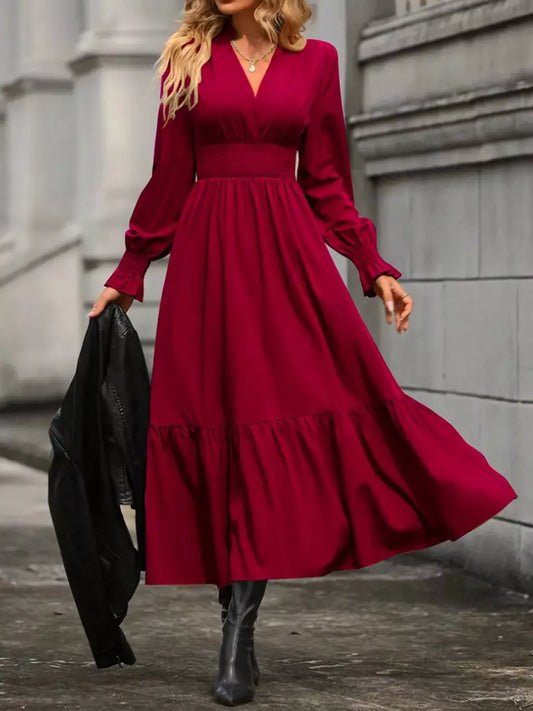 Elegant Ruched Surplice Long Sleeve Tiered Midi Dress Burgundy