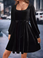 Velvet Long Sleeve Belted A-Line Dress