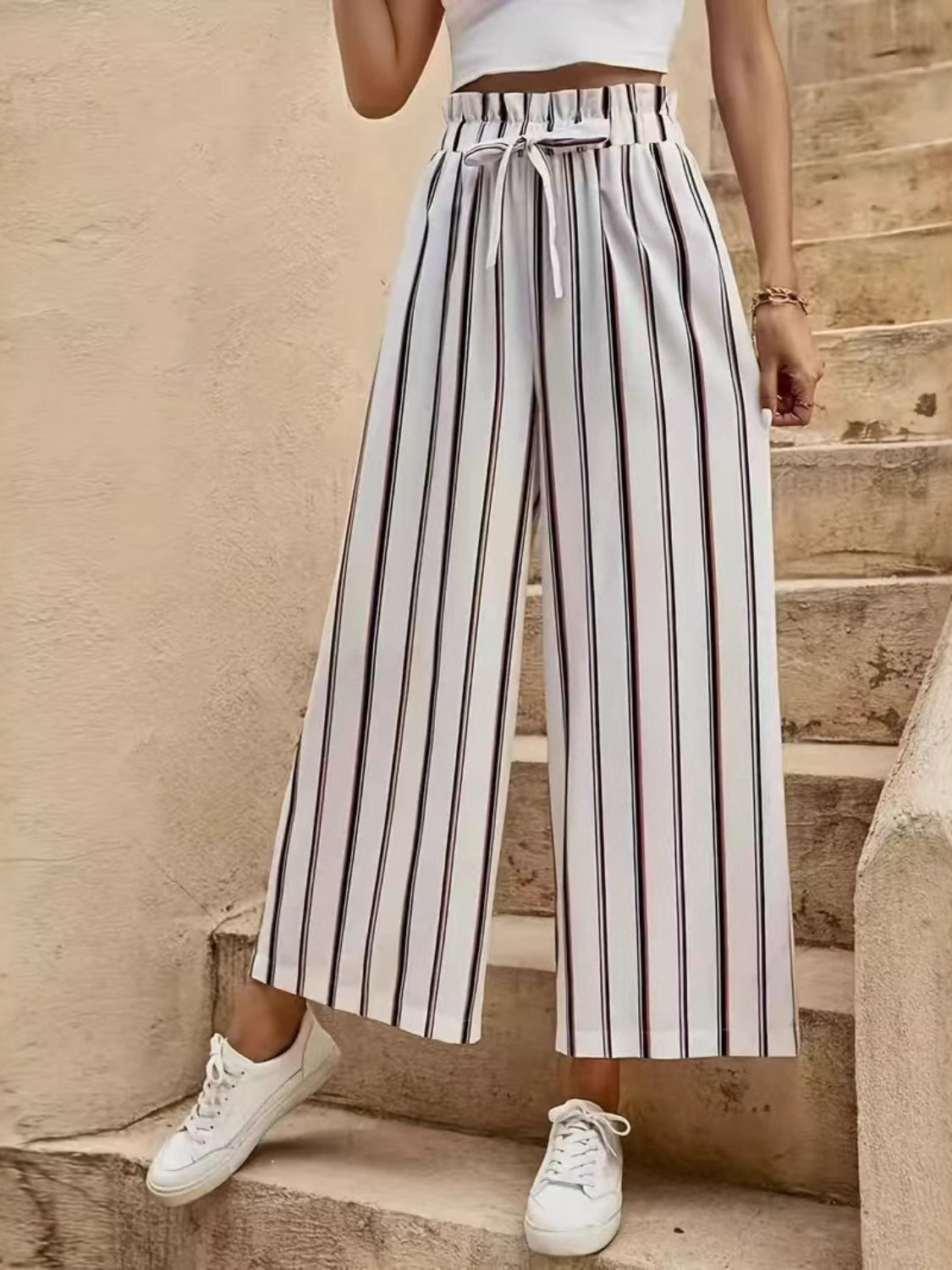 Tied Striped Wide-Leg Pants - Comfortable & Elegant Stripe