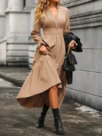 Elegant Ruched Surplice Long Sleeve Tiered Midi Dress