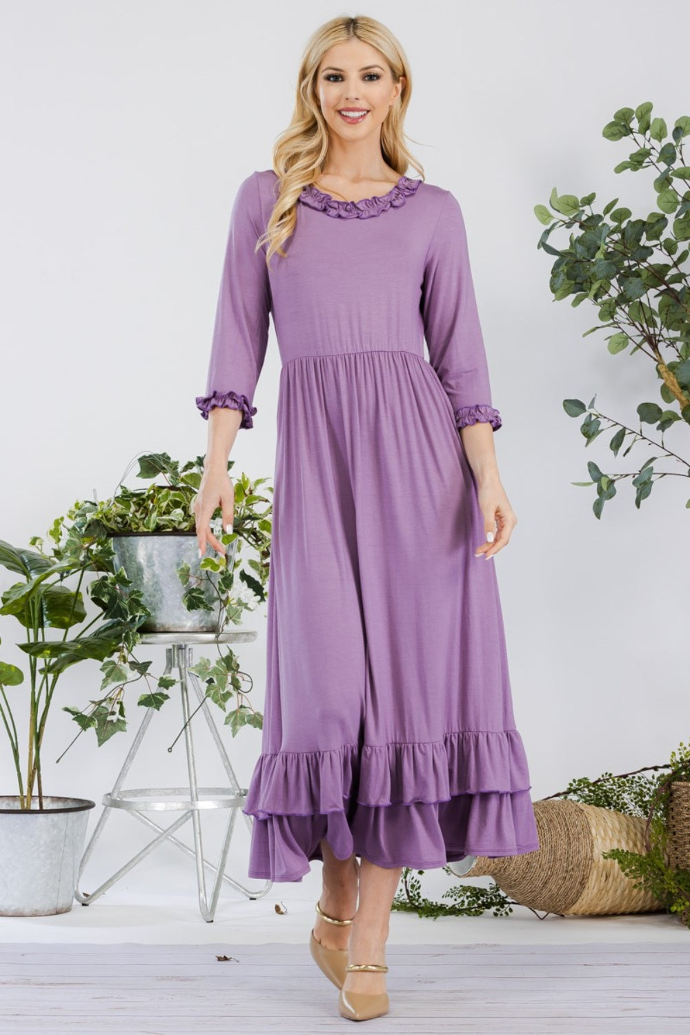 Elegant Layered Ruffle Hem Midi Dress with Pockets