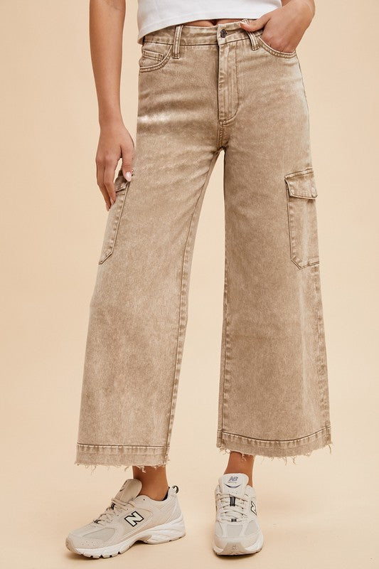 Annie Wear Raw Hem Wide-Leg Jeans with Cargo Pockets