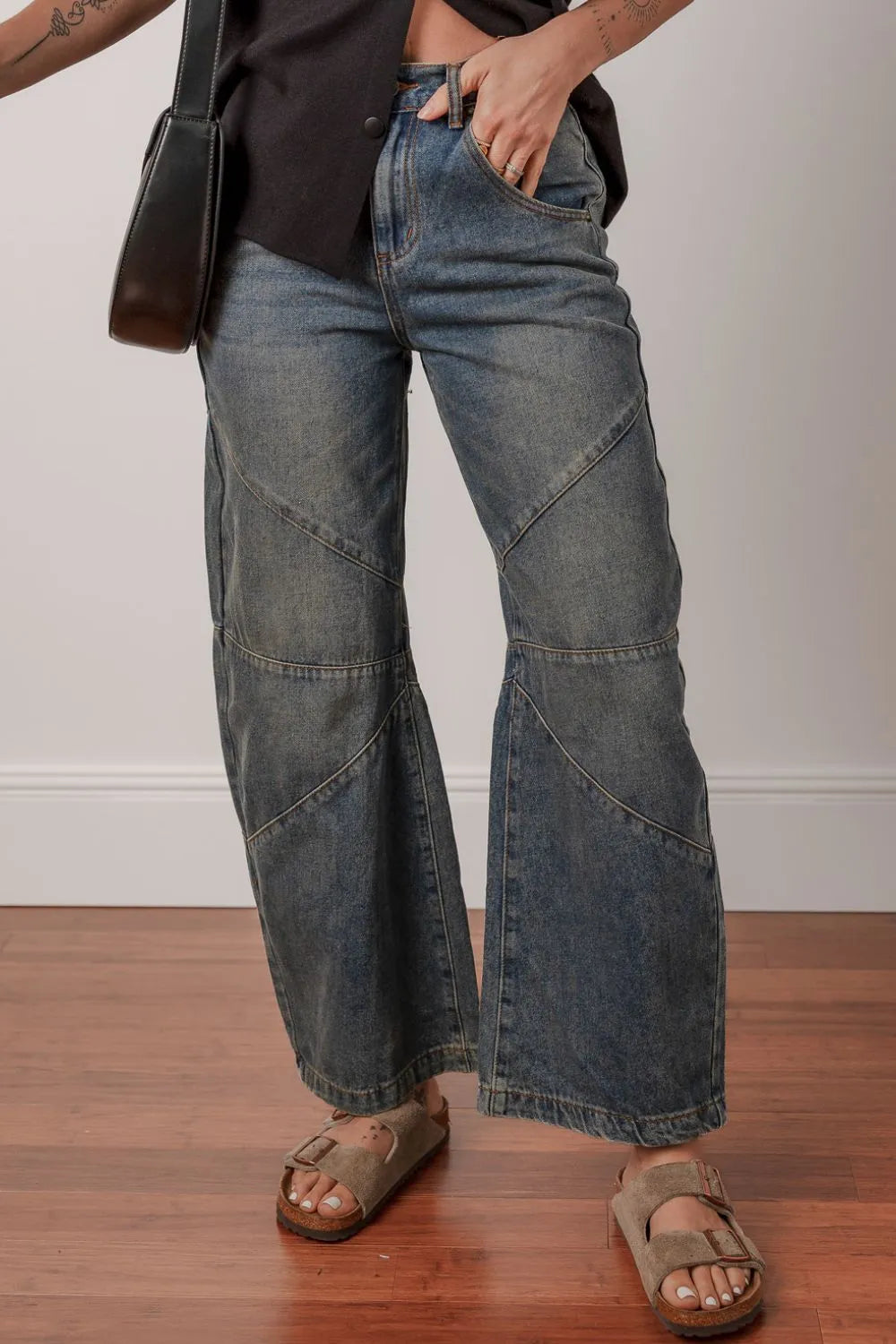 Exposed Stitching High Waist Straight Leg Jeans