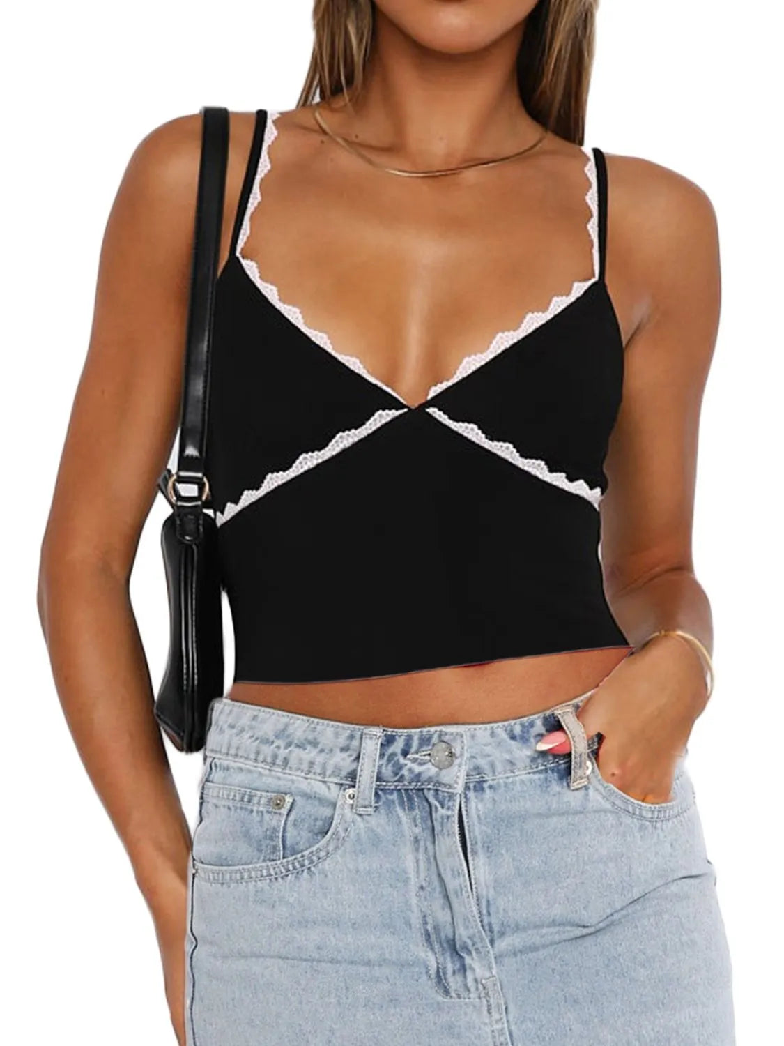 Romantic Lace Trim Contrast Cami Black