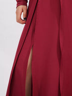 Ruched Slit Spaghetti Strap Long Sleeve Maxi Dress