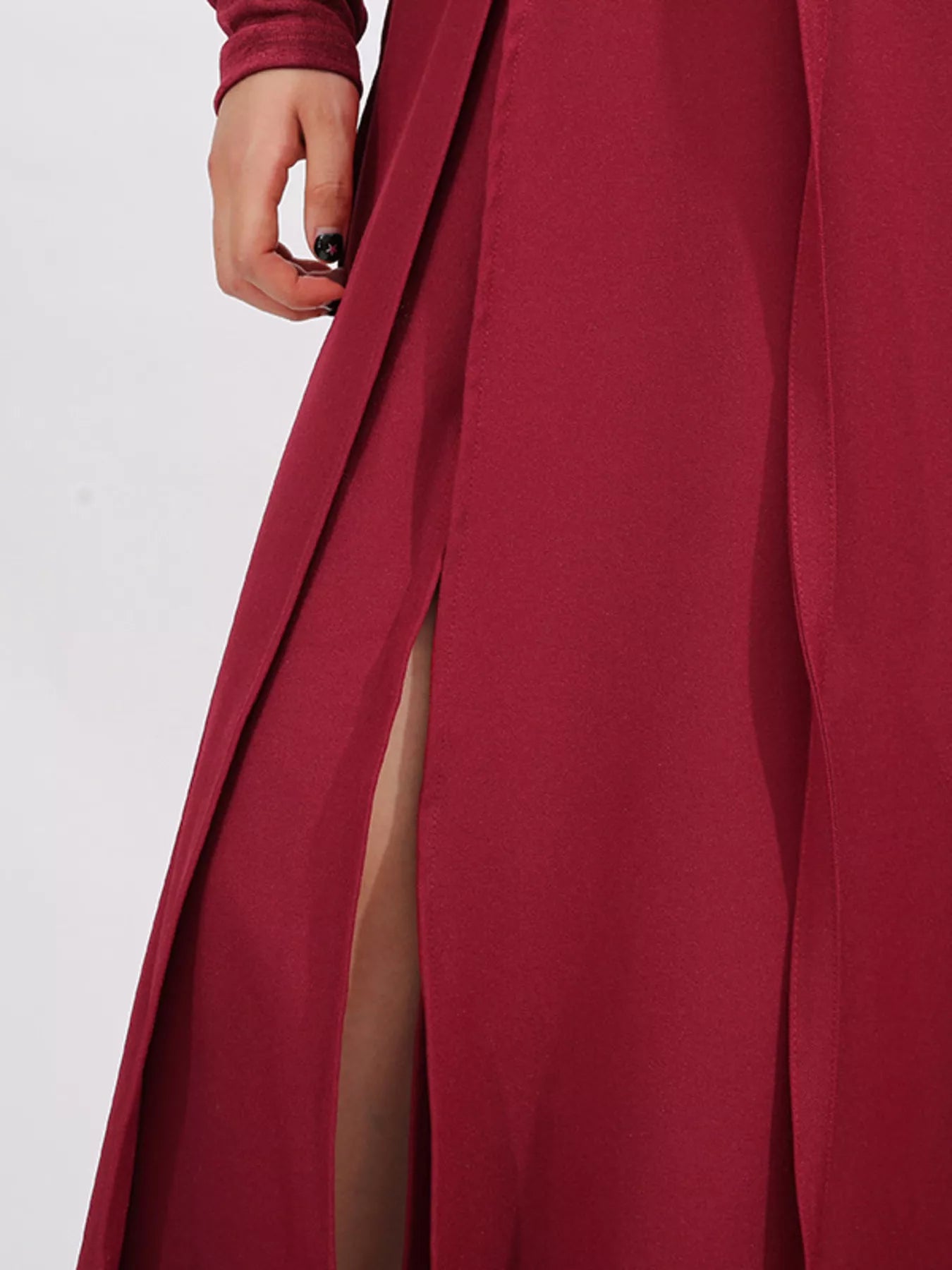 Ruched Slit Spaghetti Strap Long Sleeve Maxi Dress