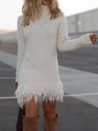 Fringe Detail Turtleneck Long Sleeve Sweater Dress