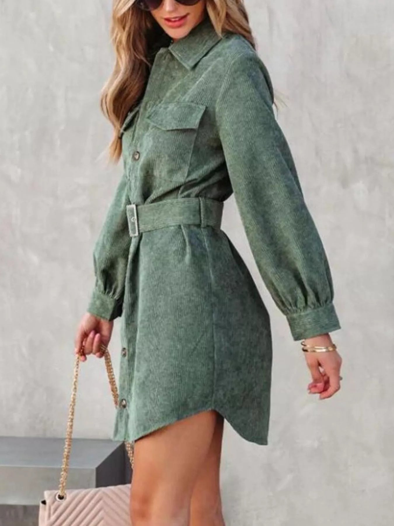 Button Front Belted Corduroy Dress with Pockets