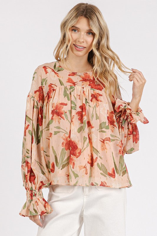 Mittoshop Floral Round Neck Ruffled Sleeve Blouse Antique Rose