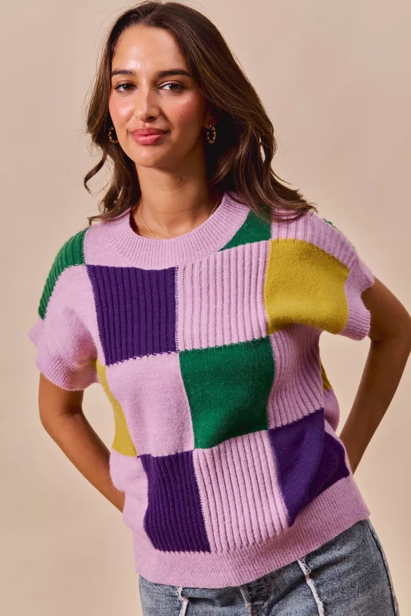 SO ME Mardi Gras Check Plaid Casual Knit Sweater Top Lavender