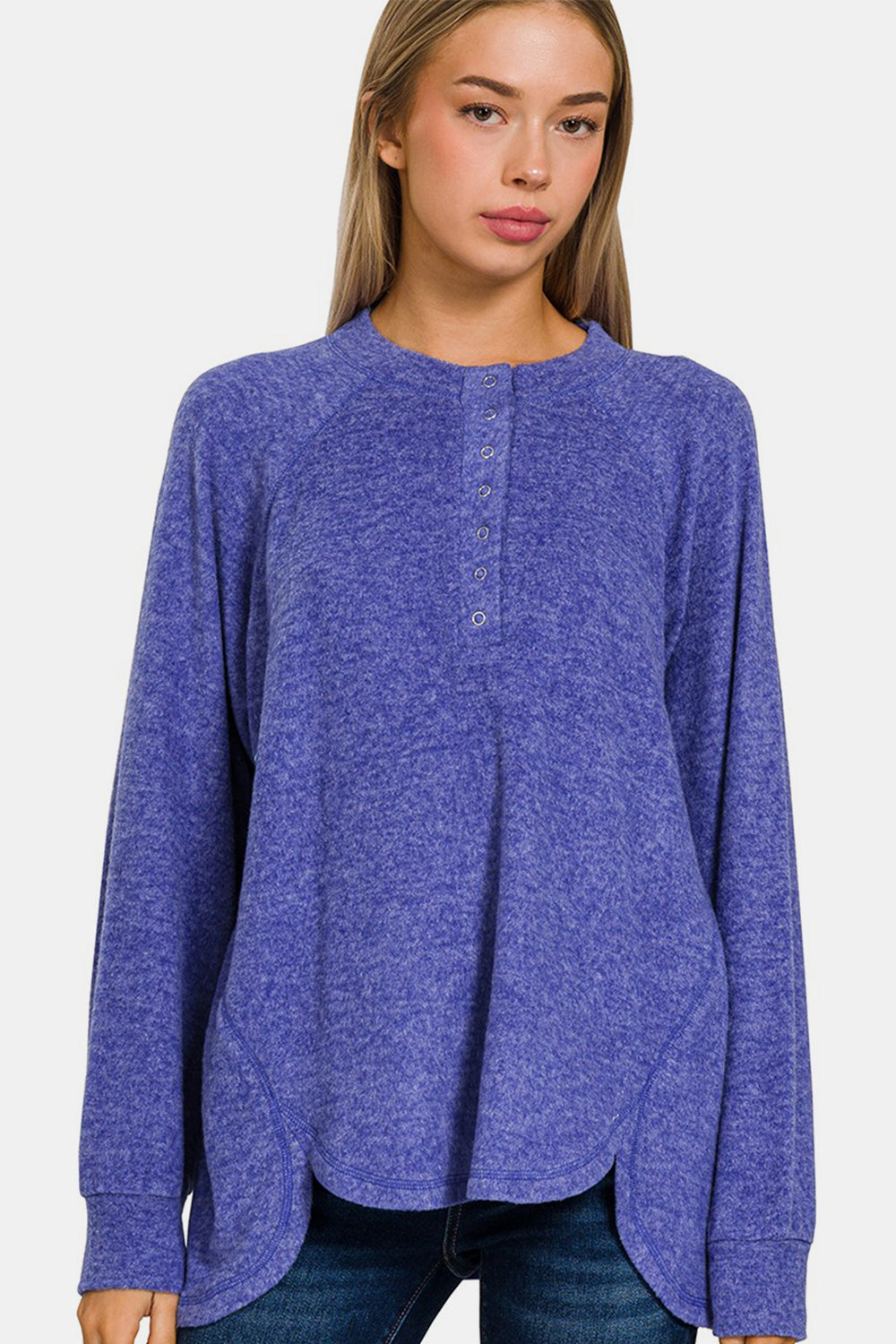 Zenana Brushed Melange Hacci High-Low Henley Sweater Bright blue