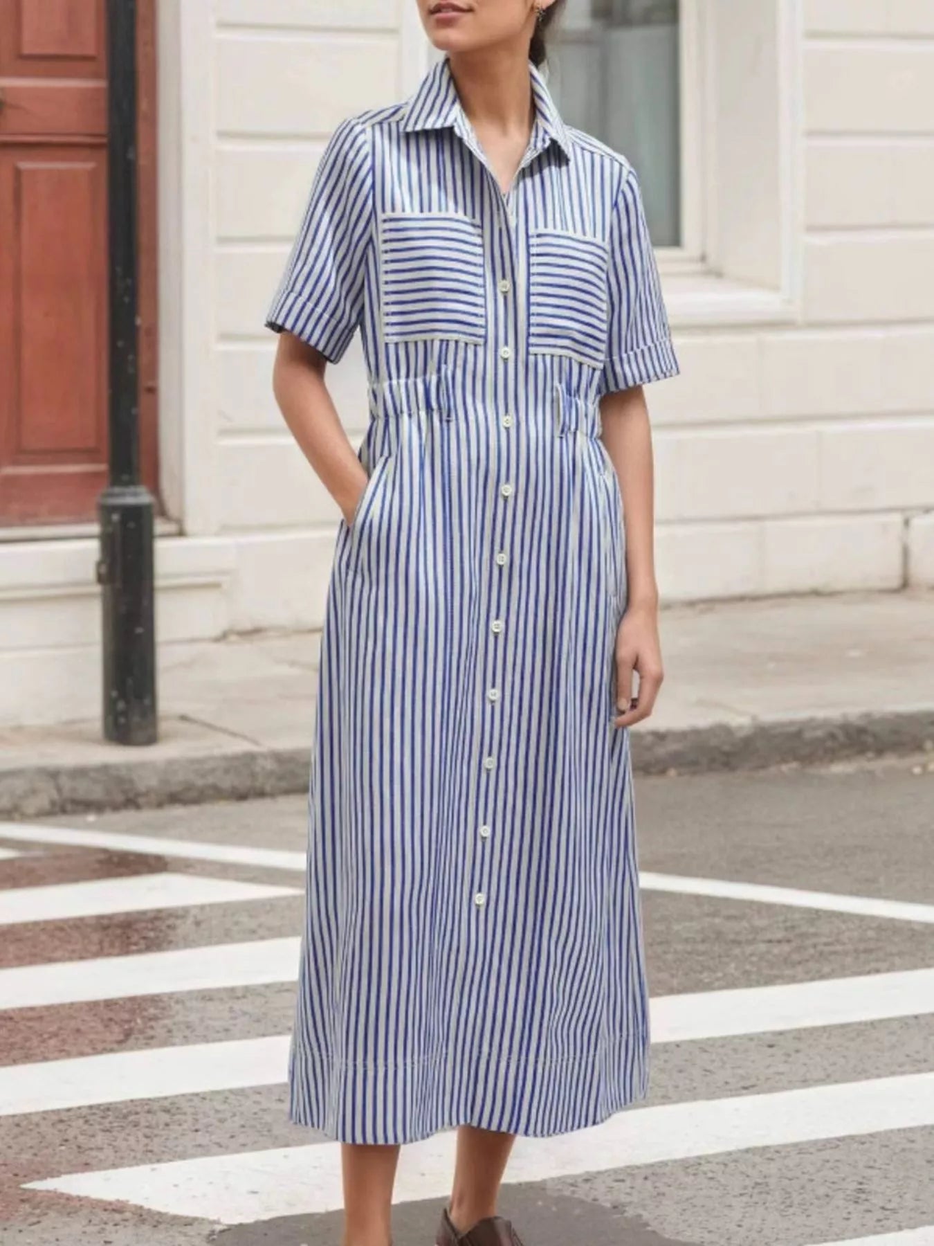 Striped Belted Button-Front Shirt Dress – Classic Elegance