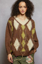 POL Argyle Dreams V‑Neck Mohair Sweater with Contrast Stitch Mocha