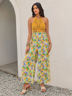 Openwork Halter-Neck Floral Wide-Leg Jumpsuit
