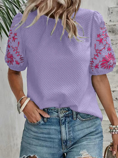 Textured Blouse with Embroidered Floral Sleeves