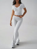 Devine V-Neck Top & Bootcut Leggings Set - Chic & Comfy Light Gray