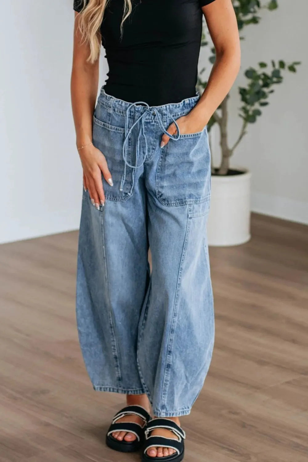 Relaxed Wide Leg Drawstring Denim Pants