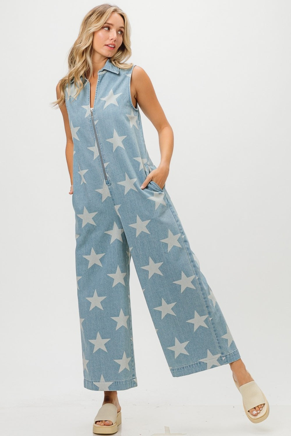 BiBi Star Print Half-Zip Sleeveless Denim Jumpsuit