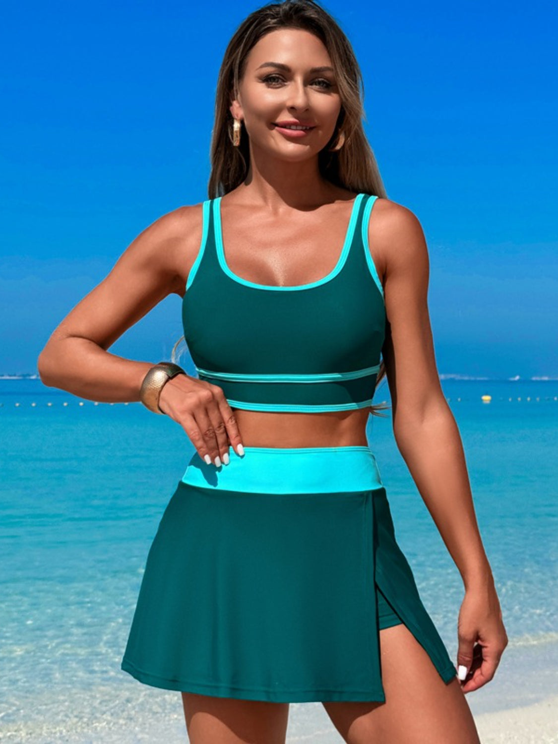 Scoop Neck Swim Set with Skort - Stylish & Comfortable