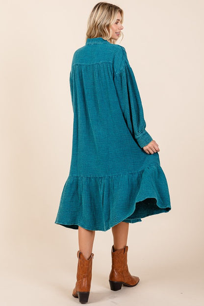 Mittoshop Mineral Wash Cotton Gauze Ruffle Midi Shirt Dress