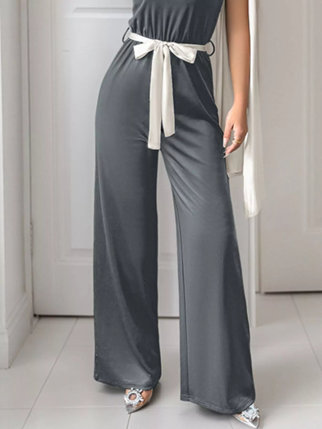 One-Shoulder Bowknot Wide-Leg Belted Jumpsuit