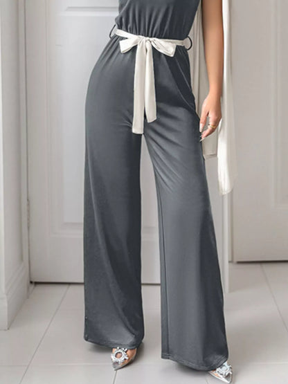 One-Shoulder Bowknot Wide-Leg Belted Jumpsuit