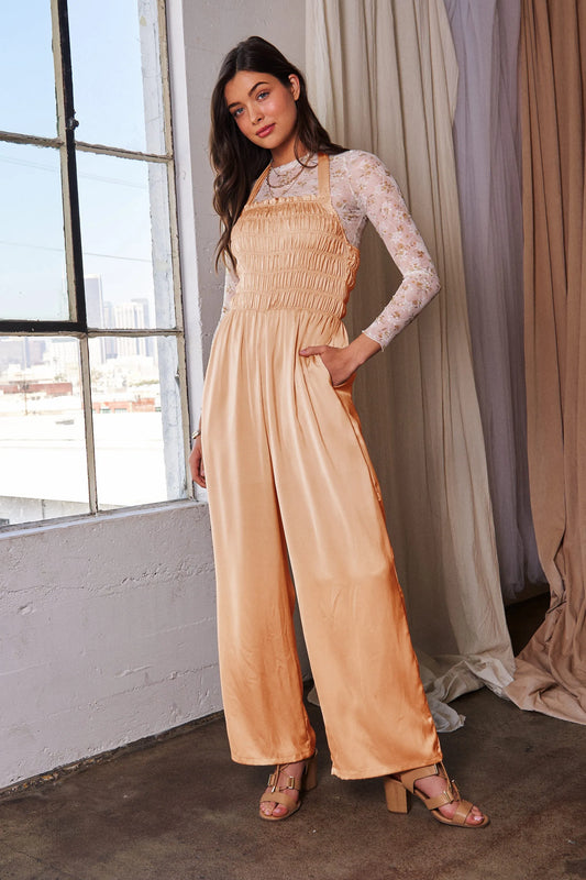 Davi & Dani Halterneck Tie Closure Smocked Bodice Jumpsuit Coral Orange