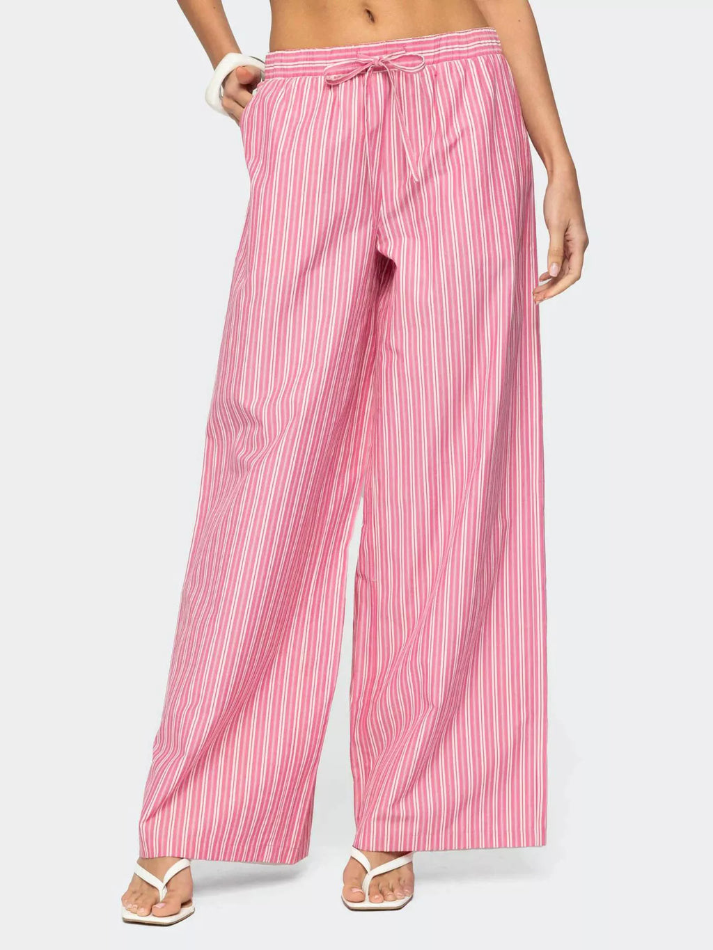 Striped Drawstring Wide-Leg Pants with Pockets