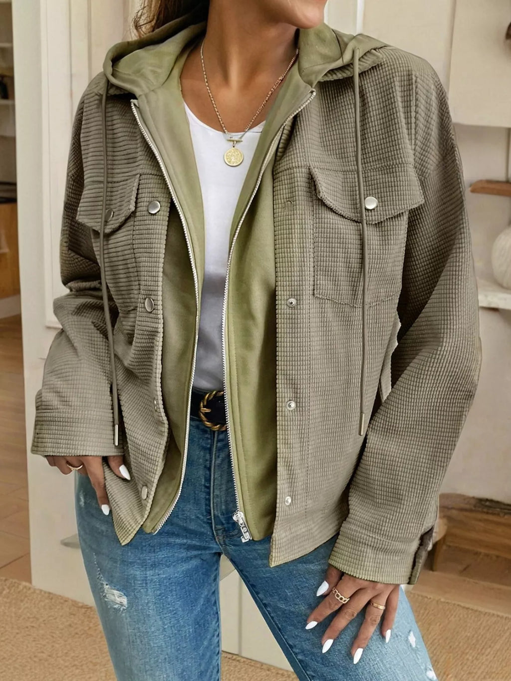 Thermal Knit Hooded Zipper Jacket with Drawstring