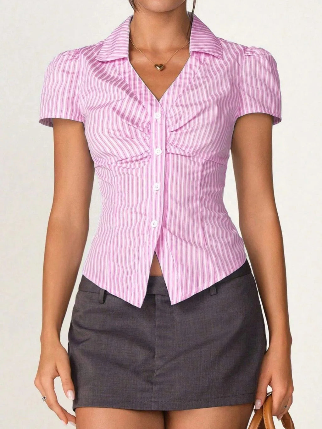 Striped Short Sleeve Button-Up Shirt with Collared Neck